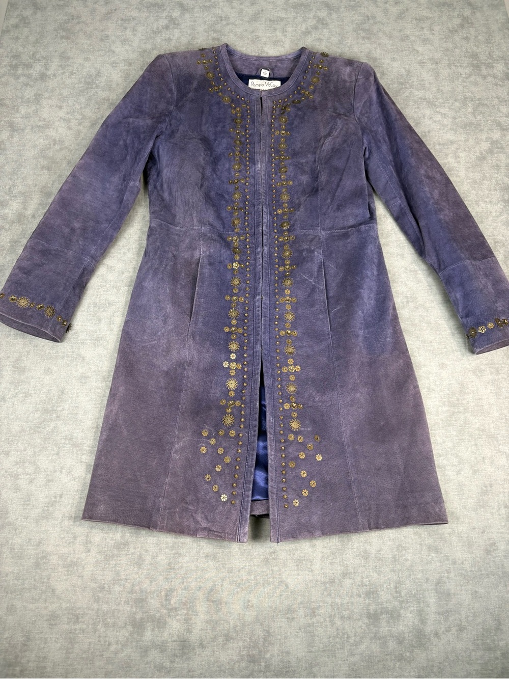 Pamela McCoy Purple Suede Leather Coat XS Studded Embellished Long Jacket